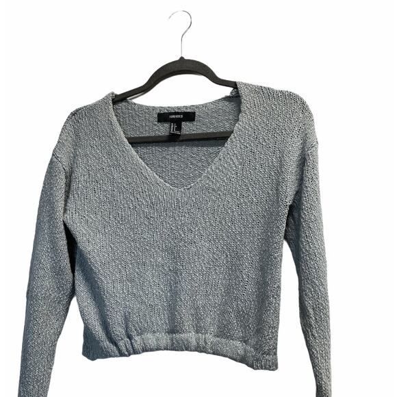 Forever 21 Cropped Long Sleeve Top elastic hem v neck blue green sz Small - Picture 8 of 8